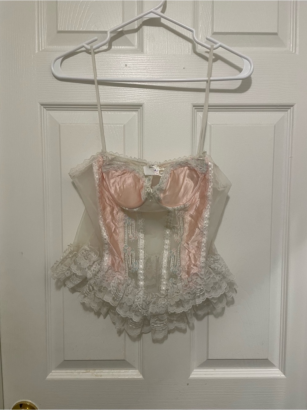 Vintage Frederick's of Hollywood Pink and Ivory Satin Lace Bustier Top Size M